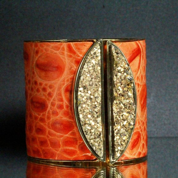 Fabrizio Giannone Designer Signed Orange Color Leather Gold Stone Clamp Bracelet - Picture 4 of 12